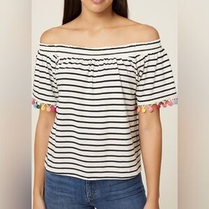 THML Pom Pom Black White Stripe Top Medium Cropped Off the Shoulder